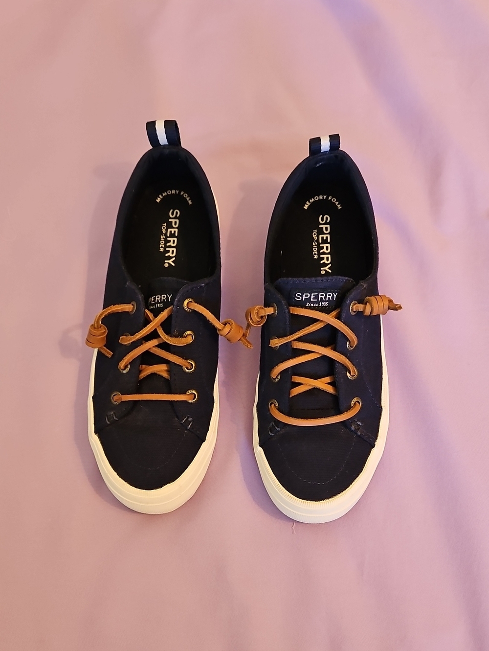 Sperry Navy Canvas Slip-On Sneakers with Tan Laces